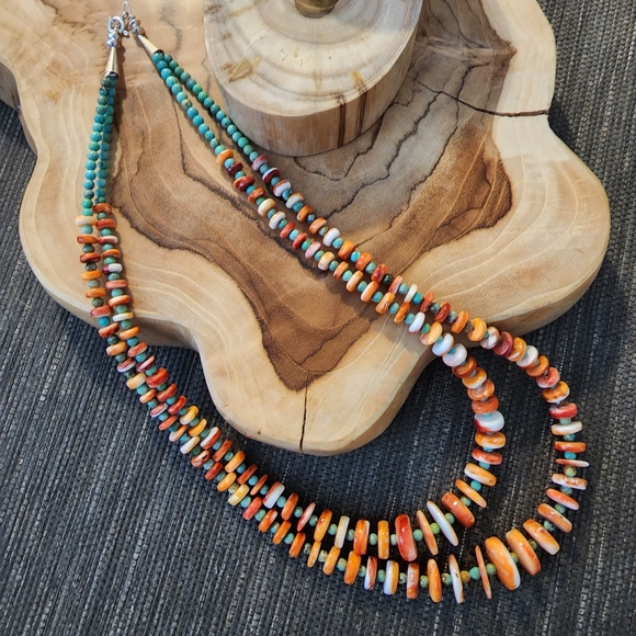 Navajo Helen Little Turquoise & Spiny Oyster Heishi 25" Double Strand Necklace - Picture 5 of 14